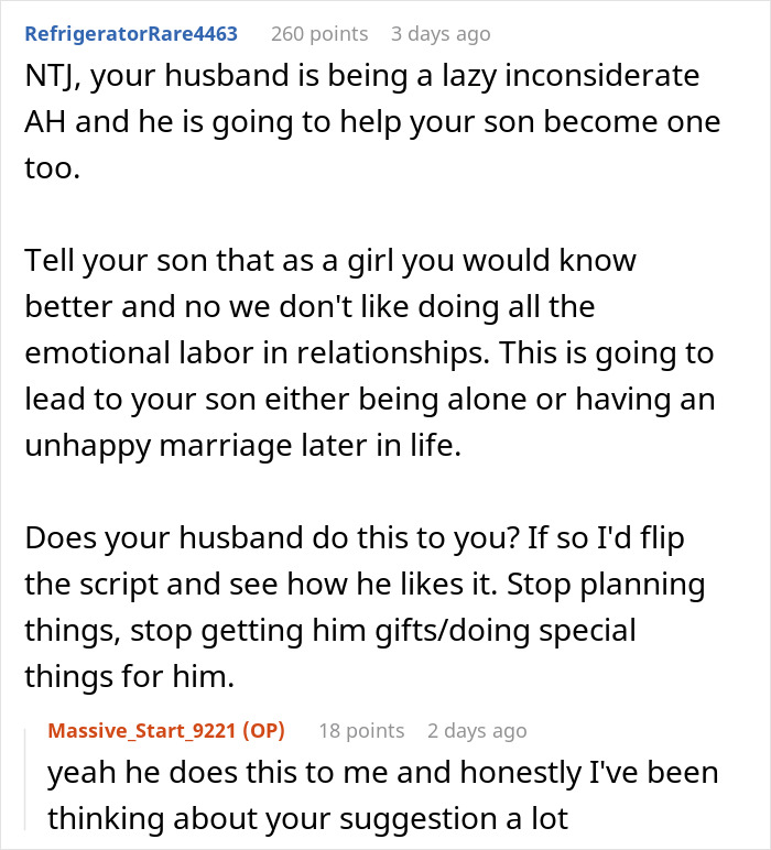 Forum comments discussing dad giving teen son outdated dating advice and wife calling time-out on that lesson.