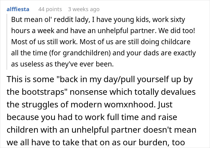 Reddit comment criticizing adults claiming feminism while leaving moms to handle all labor and childcare responsibilities.