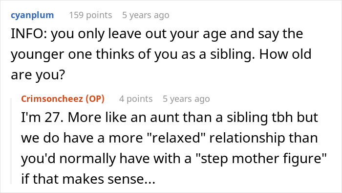 Screenshot of Reddit conversation discussing age and sibling-like relationship with a stepmother figure in a casual tone.