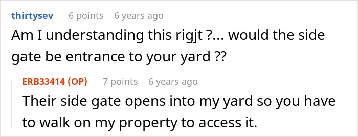 Screenshot of an online discussion about a side gate opening into a yard involving Karen Petty fence revenge context.