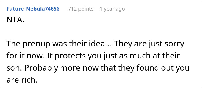 Reddit comment discussing future in-laws demanding a prenup then backing off after learning of woman&rsquo;s wealthy family background.