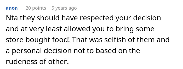Comment discussing the lack of respect and selfishness regarding no vegan options Christmas Eve dinner decisions.