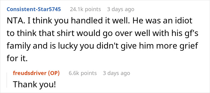 Reddit conversation about a guy wearing an inappropriate shirt as a dare to dinner with his girlfriend&rsquo;s parents.