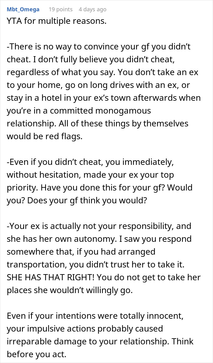 Text comment from Mbt_Omega explaining why a guy goes above and beyond for his ex, causing upset in his current partner.
