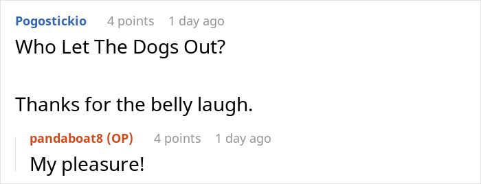 Reddit comments showing a user joking and another replying, related to a petty Christmas revenge story.