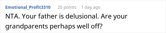 Screenshot of an online comment calling a father delusional after cutting off his late wife&rsquo;s family and demanding acceptance of his new baby.