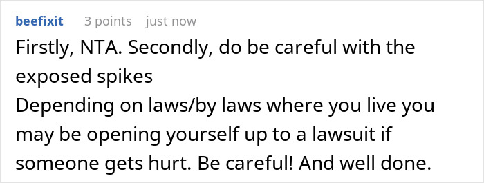 Screenshot of an online comment warning about exposed spikes and potential legal issues for yard driving and flat tires.