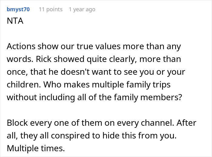 Comment excerpt discussing family trip exclusion and the mom&rsquo;s reaction to dad and stepmom&rsquo;s Disney plans.