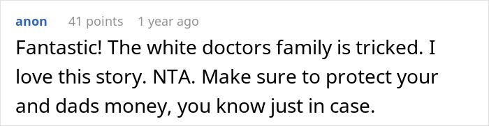 Comment about future in-laws demanding prenup then changing stance after learning about woman's wealthy family in an online discussion.