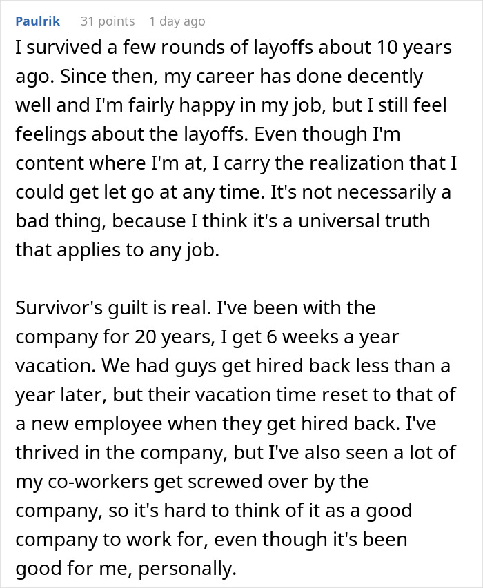 User comment reflecting on surviving layoffs and ongoing feelings about job security, highlighting subtle red flags of job safety. User comment reflecting on surviving layoffs and ongoing feelings about job security, highlighting subtle red flags of job safety.