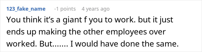 Text comment from user 123_fake_name discussing how a manager forcing coffee shop worker to follow rules backfires spectacularly.