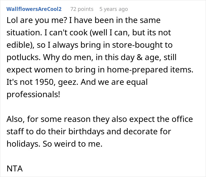 Comment discussing office potluck store-bought dessert drama and gender expectations about bringing homemade items.