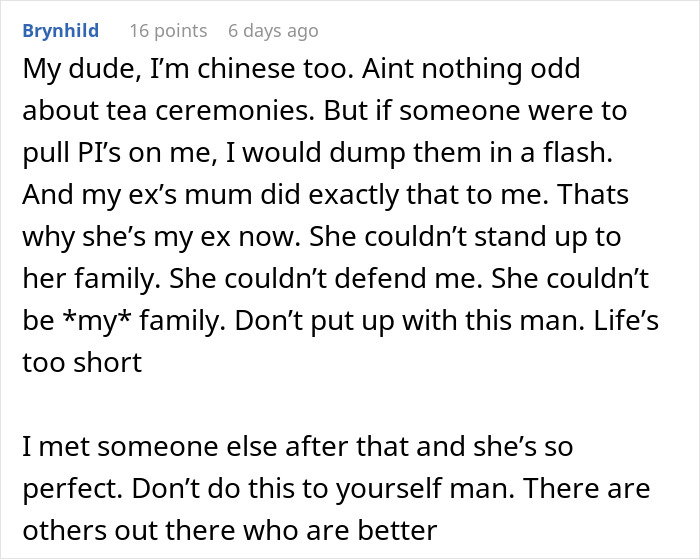 Comment about man considering canceling his wedding after fianc&eacute;e&rsquo;s family hires a PI to dig up dirt.