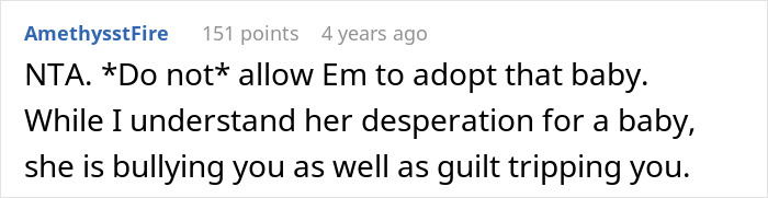 Screenshot of a Reddit comment discussing a dispute involving a racist lady wanting her friend's white baby adopted by his sister.