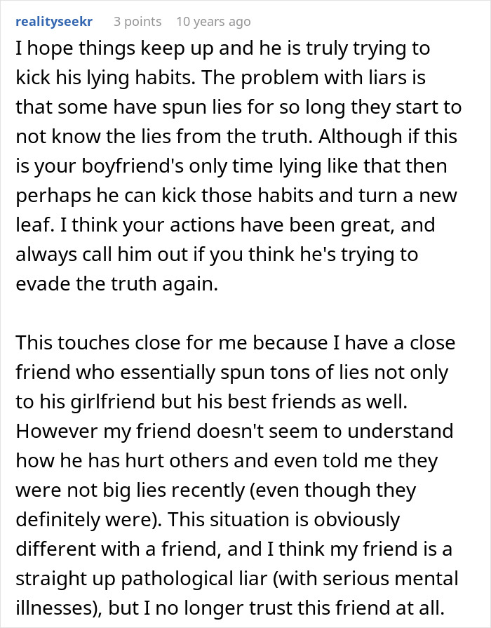 Comment discussing issues with lying habits and trust related to a boyfriend building a relationship on lies.
