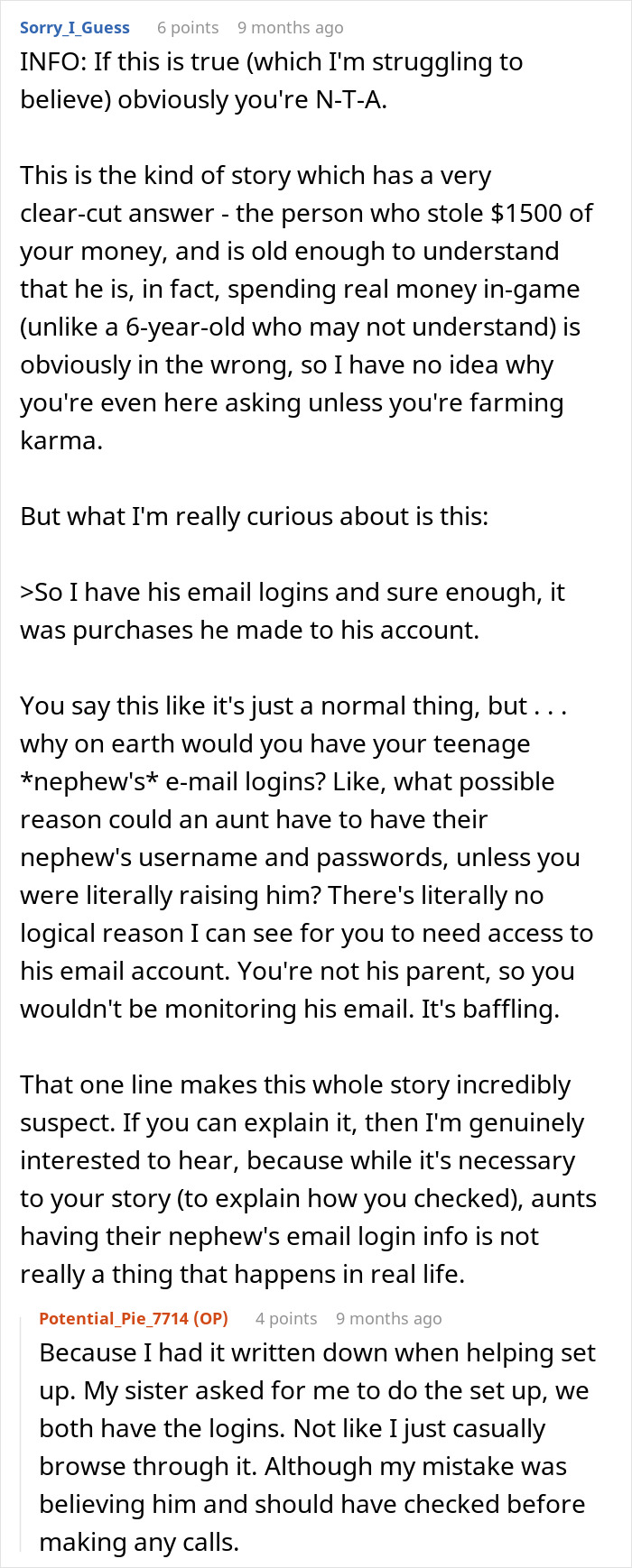 Screenshot of online comments discussing karma delivered to an entitled nephew who used a credit card for games. Screenshot of online comments discussing karma delivered to an entitled nephew who used a credit card for games.