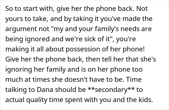 Text about phone dependence affecting family time, emphasizing returning the phone and prioritizing quality family moments.