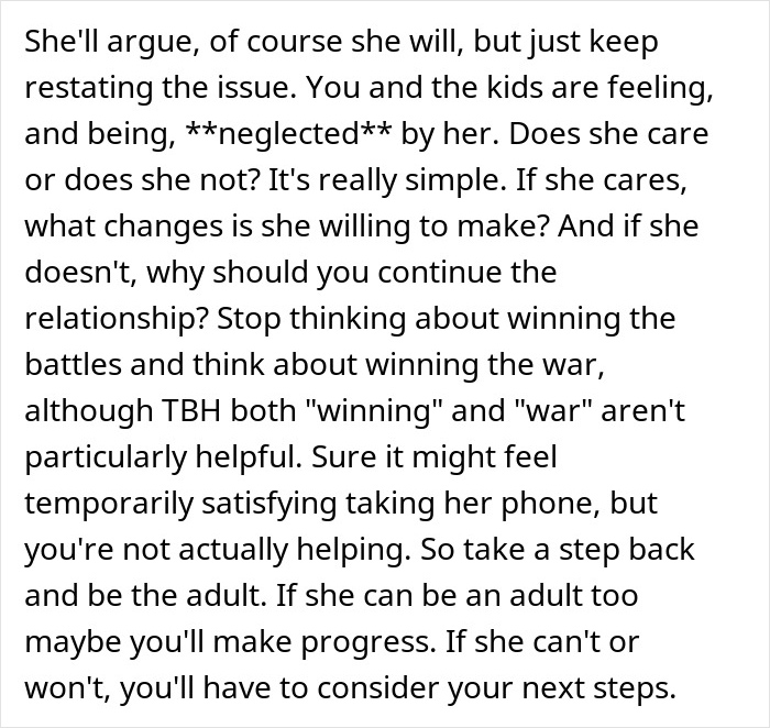 Text discussing neglect in relationships caused by phone dependence leading to family issues and potential divorce decisions.