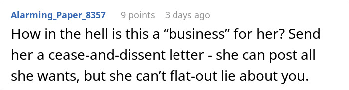 Comment expressing anger over sister building TikTok fame by lying about family, urging legal action for cease-and-desist.