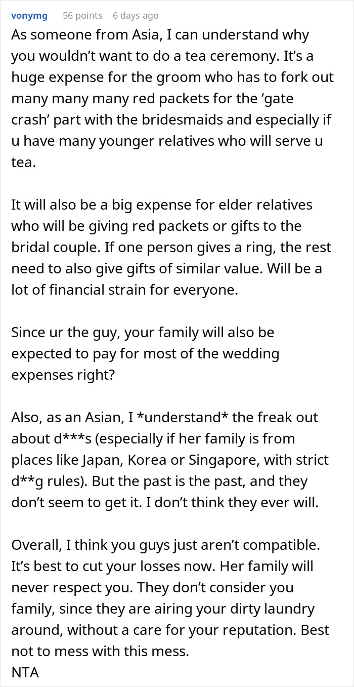 Commenter explains financial strain and cultural challenges faced by a man whose fianc&eacute;e&rsquo;s family digs up his dirt before wedding.