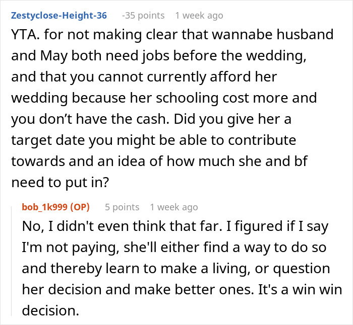 Screenshot of an online discussion about a financially unstable woman rushing into marriage and facing a bitter reality check.