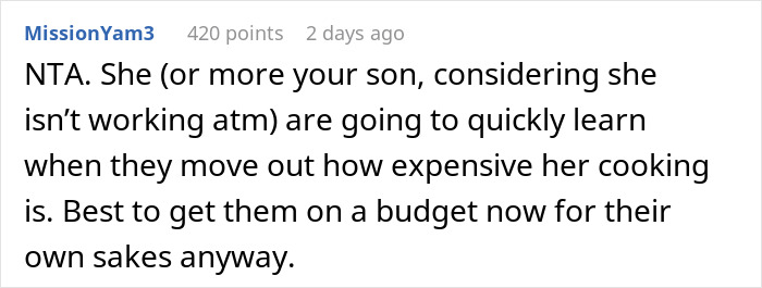 Reddit comment discussing mom accused of embarrassing son&rsquo;s girlfriend who offered to cook meals for them.