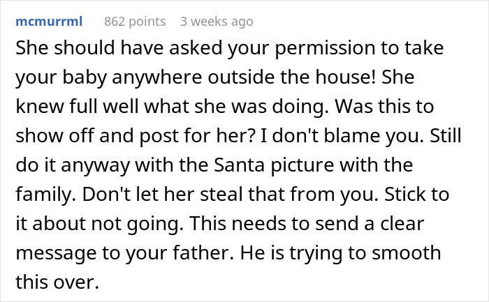 Text conversation discussing a step-grandma sneaking a baby to see Santa and losing babysitting privileges forever.