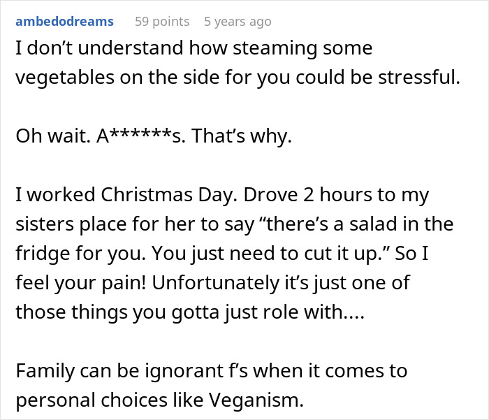 Screenshot of a forum post discussing frustration with no vegan options Christmas Eve dinner and family misunderstanding veganism.