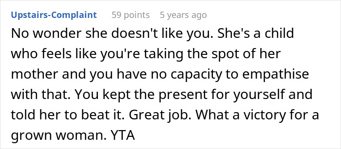 Comment discussing a 13-year-old&rsquo;s conflict with dad&rsquo;s girlfriend and regret over not accepting her gift.