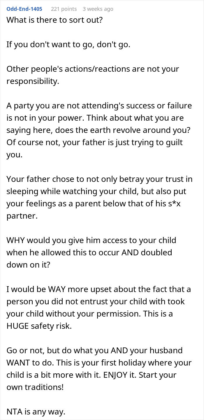 Step-grandma sneaks baby to Santa while watching him, causing loss of babysitting privileges and family trust issues.