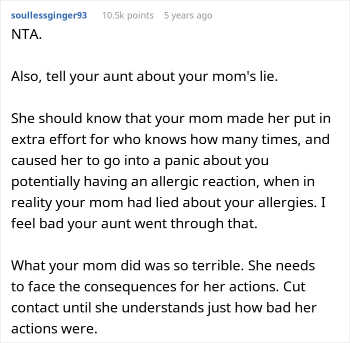 Screenshot of a user comment discussing how parents lied about allergies causing unnecessary panic and effort.