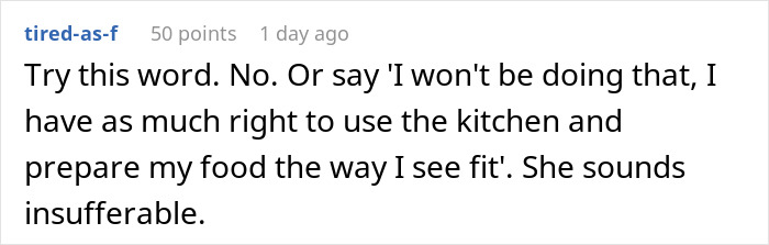 Screenshot of an online comment discussing refusing to follow roommate&rsquo;s strict vegan rules in shared kitchen conflict.
