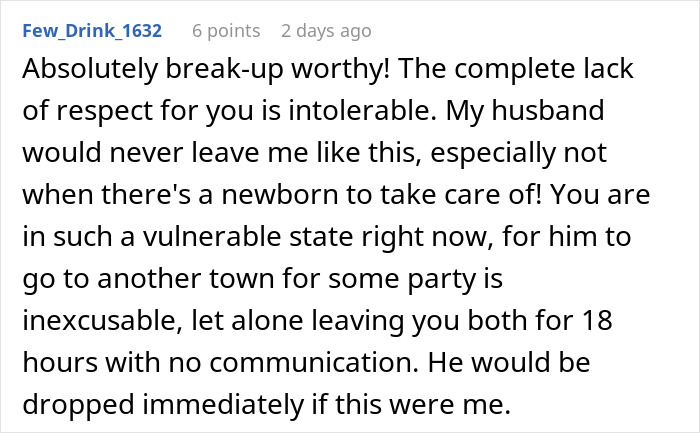 Screenshot of a forum comment criticizing a boyfriend for ditching his partner and newborn to party for over 18 hours.