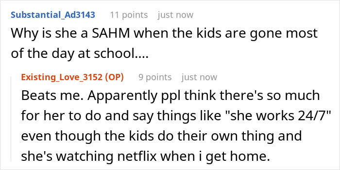 Online forum comments discussing a SAHM feeling poor despite receiving $1K per month as fun money from husband.