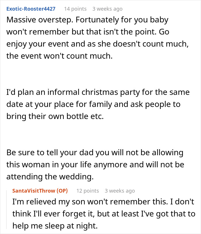 Comment thread screenshot discussing a step-grandma sneaking a baby to Santa and losing babysitting privileges.