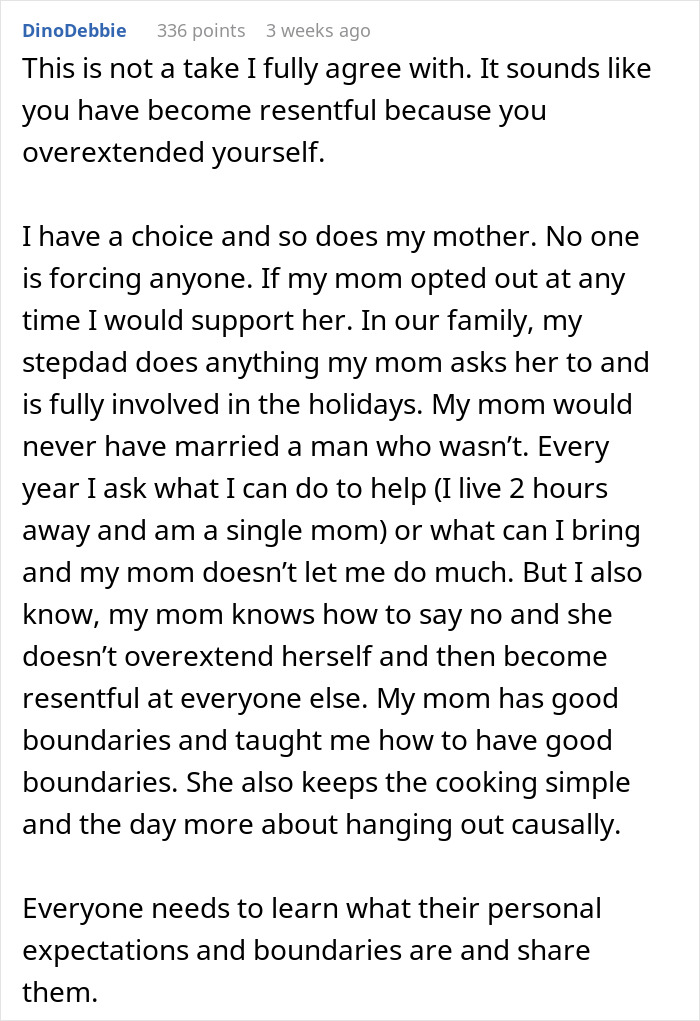 Commenter discussing feminism and holiday labor, emphasizing moms setting boundaries and sharing family responsibilities.