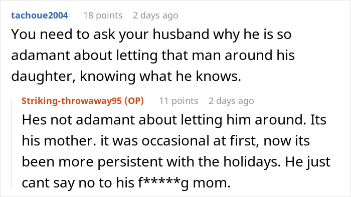 Screenshot of a social media discussion about banning MIL&rsquo;s creepy husband and marriage issues related to persistent family visits.