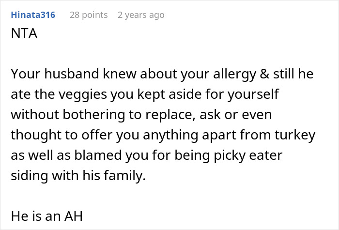 Comment explaining husband ignoring wife's allergy and calling her picky eater while siding with family.