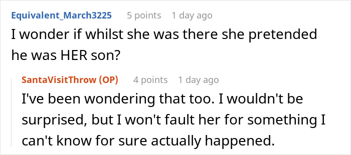 Screenshot of an online discussion about a step-grandma sneaking a baby to Santa and losing babysitting privileges.