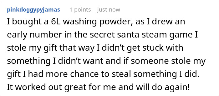 Reddit user explains how he stole his own white elephant gift during Secret Santa and got a refund, sparking internet debate.