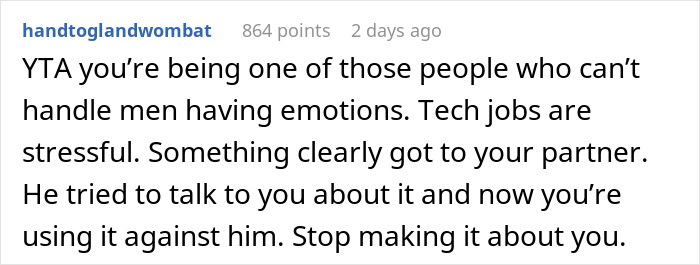 Comment discussing a boyfriend in tears over misogyny from a female colleague and a jealous girlfriend finding it uncomfortable.