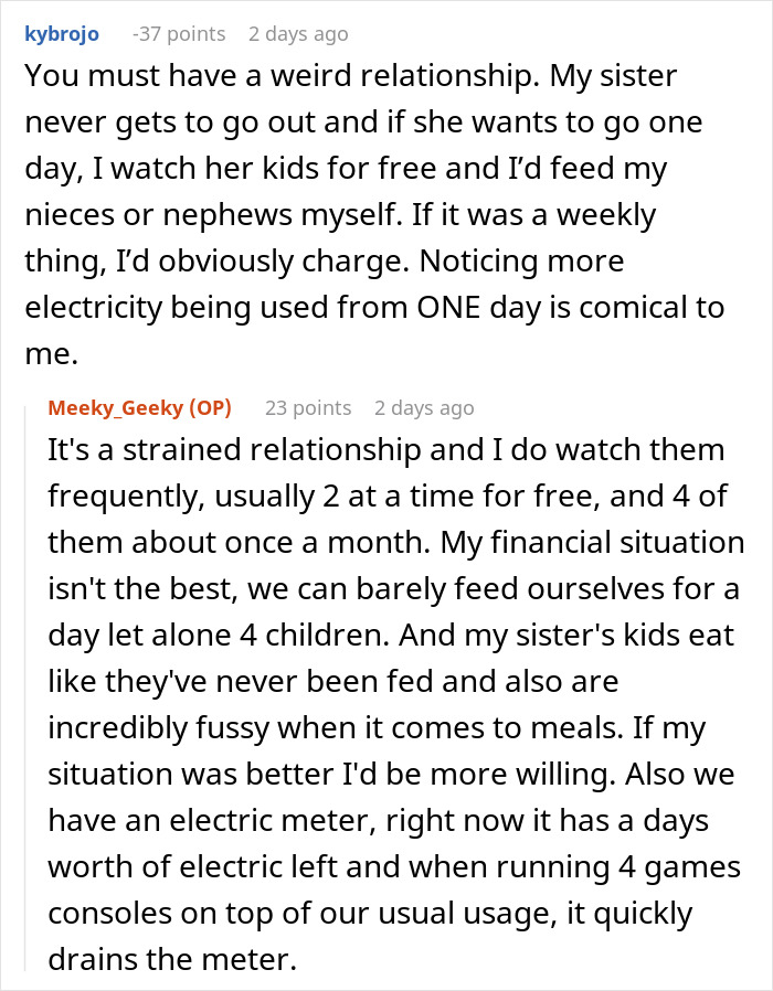 Reddit discussion about lady expecting sister to babysit 4 kids for free and using family card after charging £120.