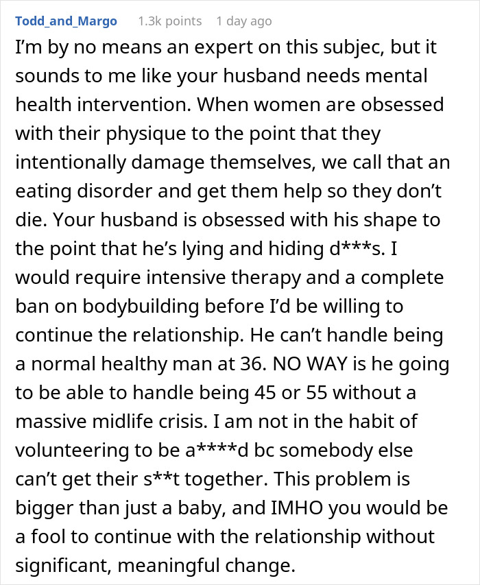Comment discussing a husband's mental health issues and the impact on their future child's health after he hides the truth. Comment discussing a husband's mental health issues and the impact on their future child's health after he hides the truth.
