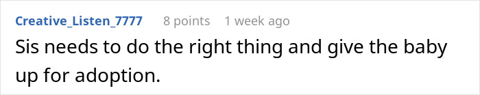 Comment text on a white background discussing a childfree woman refusing responsibility for her sister’s new baby. Comment text on a white background discussing a childfree woman refusing responsibility for her sister’s new baby.