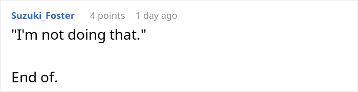 Screenshot of online comment stating refusal, reflecting a woman&rsquo;s sense of entitlement to a day off on Christmas because of kids.