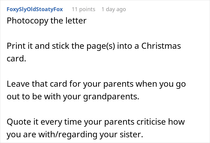 Text post with advice on handling family conflict by photocopying a letter, adding it to a Christmas card, and sharing it with parents.