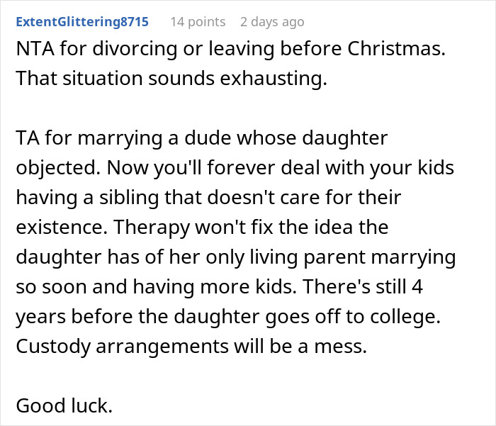 Comment discussing woman leaving husband due to stepdaughter&rsquo;s behavior and negative in-laws&rsquo; comments after years of marriage.