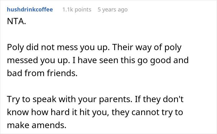 Screenshot of a Reddit comment discussing trauma caused by parents favoring polyamorous partners over their child. Screenshot of a Reddit comment discussing trauma caused by parents favoring polyamorous partners over their child.