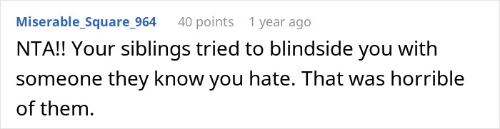 Text comment screenshot showing a Reddit user commenting on siblings and a surprise plan gone wrong in an online discussion forum.