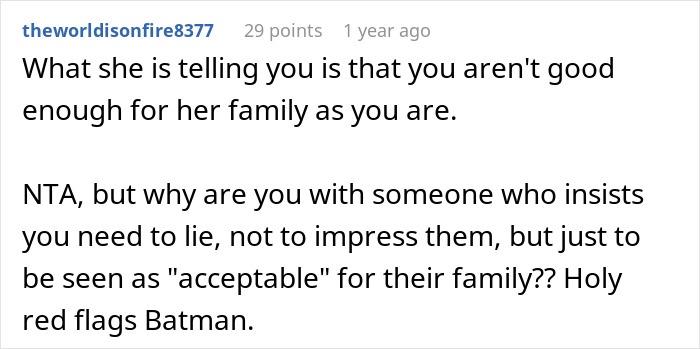 Screenshot of a Reddit comment discussing relationship doubts and pressure to lie about career from girlfriend&rsquo;s family expectations.